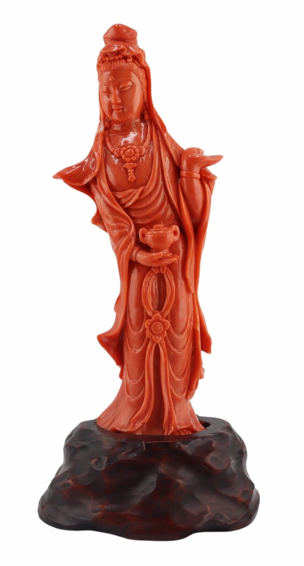Signed Chinese Carved Coral Quan Yin with Urn.: Signed Chinese carved coral carving of a standing Guanyin holding a covered urn in one hand. Signed to the underside. Total approx. weight of the coral carving is 126.4 grams (gross). From a Rye, NY