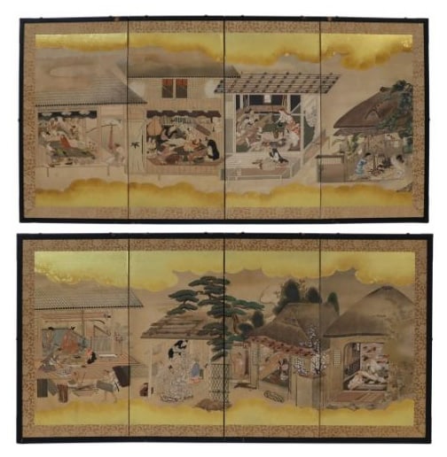(2) Japanese Painted 4-Panel Folding Screens. (1 of 20)