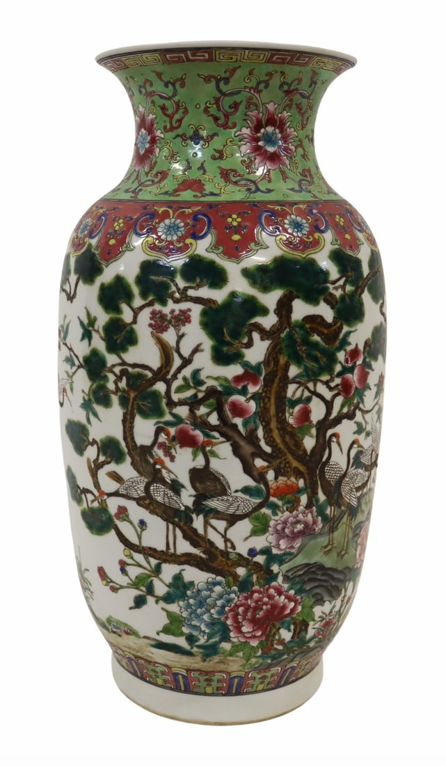 Chinese Famille Rose Enamel Decorated Vase.: Decorated with multi-color enamel decoration depicting cranes, flowers, and peach trees. From a Ridgewood, NY estate. Dimensions: vase measures approx. 22.25" h.