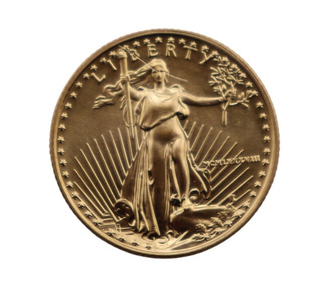 BULLION. 1988 $10 American Gold Eagle Coin.: A 1988 (Philadelphia struck) $10 Business Strike American Gold Eagle coin struck in 1/4 troy ounce of .9167 fine gold. The total mintage for this this date & mint: is 49,000. Total approx. weight