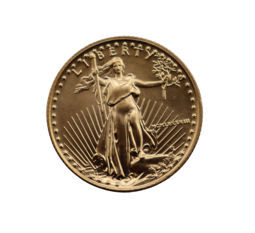 BULLION. 1988 $10 American Gold Eagle Coin.: A 1988 (Philadelphia struck) $10 Business Strike American Gold Eagle coin struck in 1/4 troy ounce of .9167 fine gold. The total mintage for this this date & mint: is 49,000. Total approx. weight