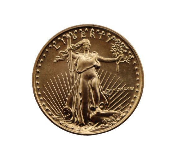BULLION. 1988 $10 American Gold Eagle Coin.: A 1988 (Philadelphia struck) $10 Business Strike American Gold Eagle coin struck in 1/4 troy ounce of .9167 fine gold. The total mintage for this this date & mint: is 49,000. Total approx. weight
