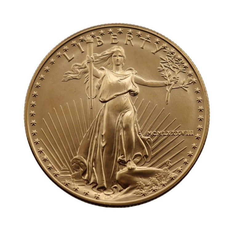 BULLION. 1988 $50 American Gold Eagle Coin.: A 1988 (Philadelphia struck) $50 Business Strike American Gold Eagle coin struck in 1 troy ounce of .9167 fine gold. The total mintage for this this date & mint: is 465,500. Total approx. weight