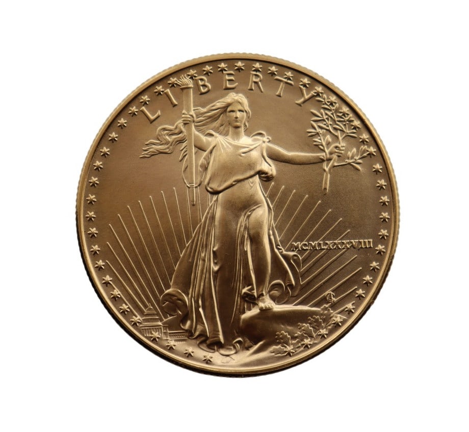 BULLION. 1988 $50 American Gold Eagle Coin.: A 1988 (Philadelphia struck) $50 Business Strike American Gold Eagle coin struck in 1 troy ounce of .9167 fine gold. The total mintage for this this date & mint: is 465,500. Total approx. weight