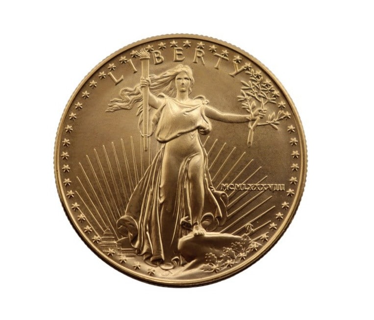 BULLION. 1988 $50 American Gold Eagle Coin.: A 1988 (Philadelphia struck) $50 Business Strike American Gold Eagle coin struck in 1 troy ounce of .9167 fine gold. The total mintage for this this date & mint: is 465,500. Total approx. weight