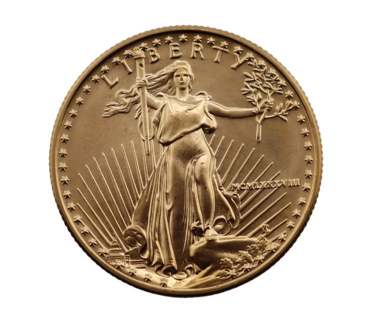BULLION. 1988 $25 American Gold Eagle Coin.: A 1988 (Philadelphia struck) $25 Business Strike American Gold Eagle coin struck in 1/2 troy ounce of .9167 fine gold. The total mintage for this this date & mint: is 45,000. Total approx. weight