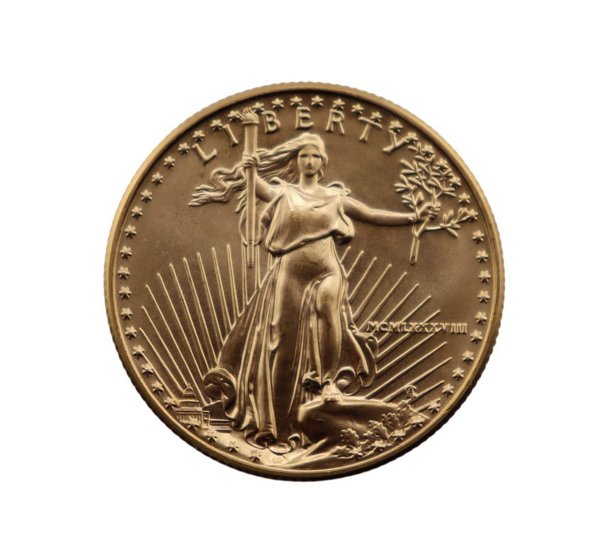 BULLION. 1988 $25 American Gold Eagle Coin.: A 1988 (Philadelphia struck) $25 Business Strike American Gold Eagle coin struck in 1/2 troy ounce of .9167 fine gold. The total mintage for this this date & mint: is 45,000. Total approx. weight