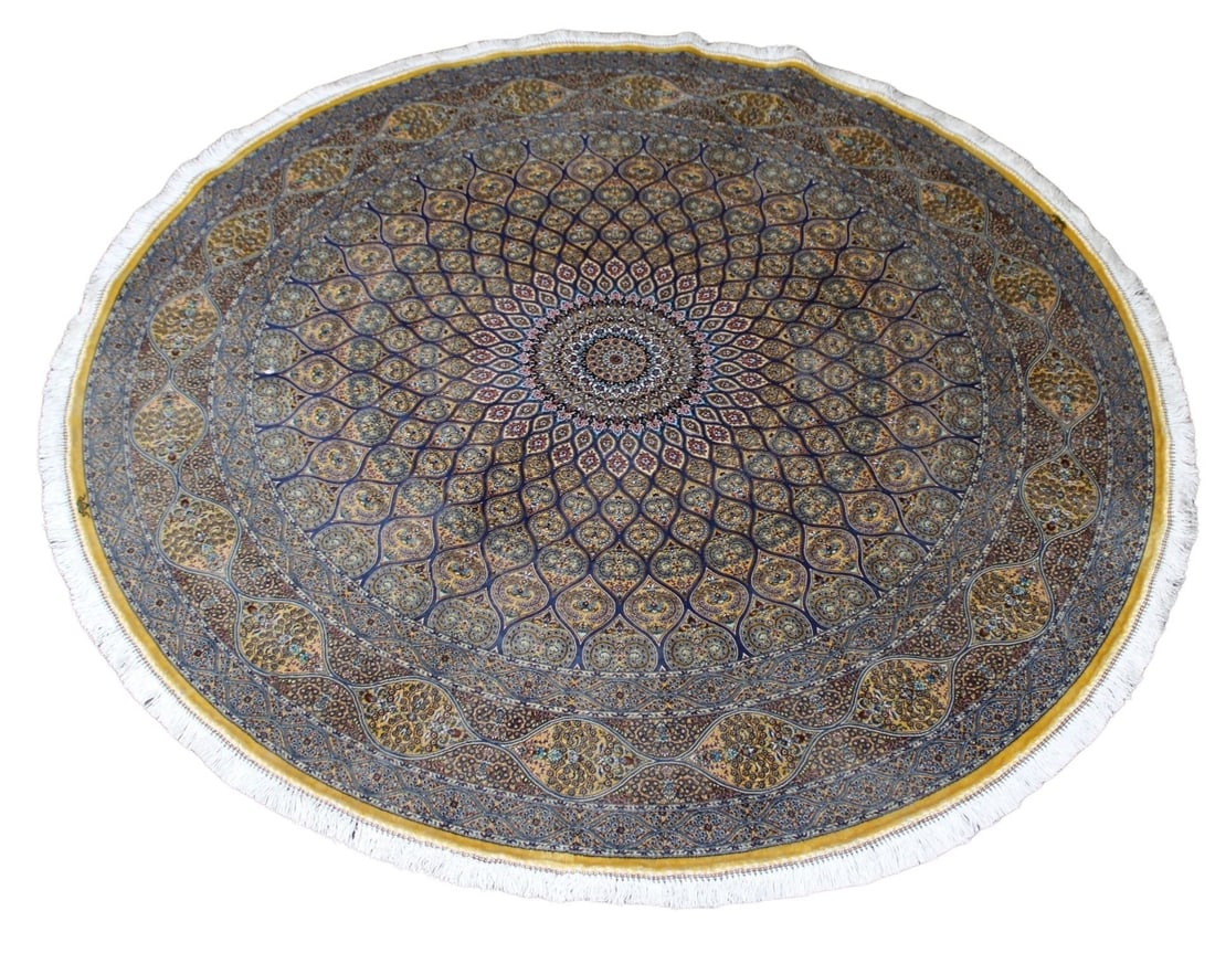 Vintage And Finely Hand Knotted Silk Kum Carpet.: A great round, very finely knotted and nice pattern and colors. From a CT estate. - Dimensions: 58" dia