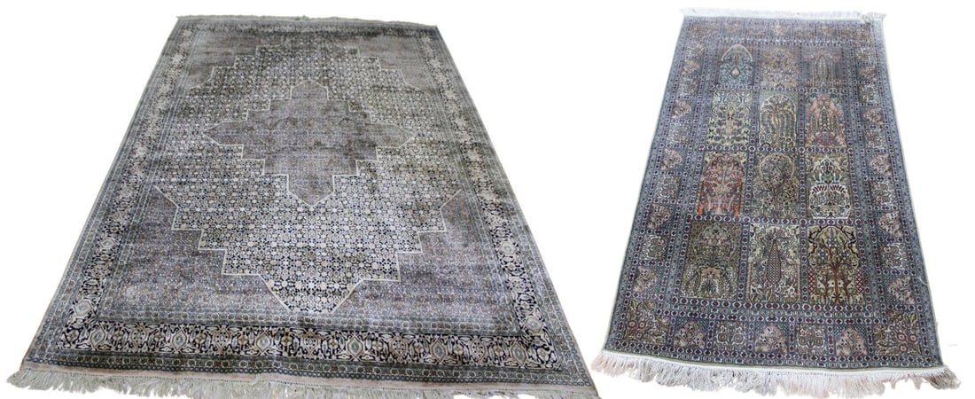 2 Vintage And Finely Hand Knotted Silk Carpets. (1 of 14)