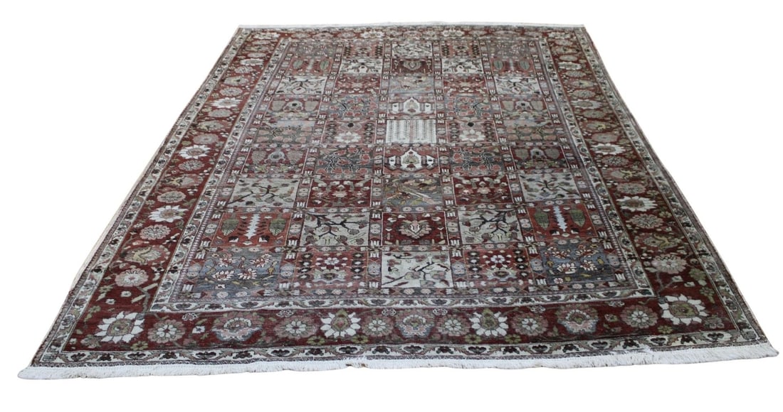 Vintage And Finely Hand Knotted Carpet.: Great colors, paneled pattern and very fine weave. From a Madison Ave, NYC estate. - Dimensions: 9ft 8" x 7ft