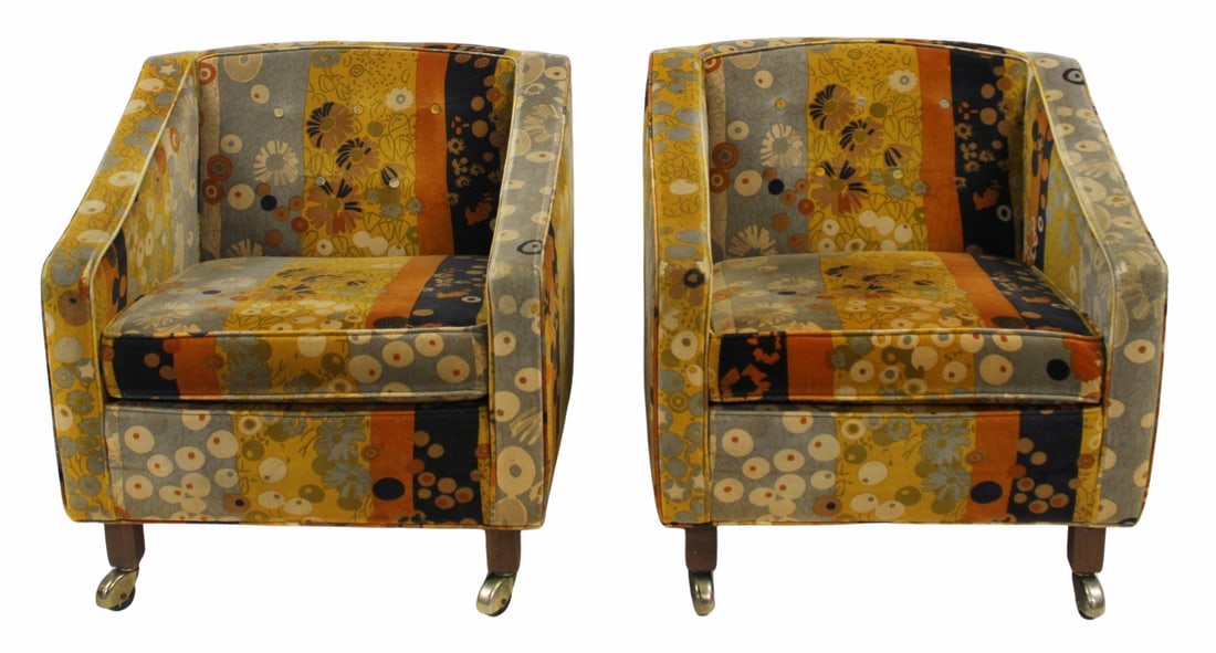 Midcentury Pr of Edward Wormley For Dunbar (Atrib): Club Chairs. Nice original pair in Larsen upholstery with barrel backs. From a Scarsdale, NY estate. - Dimensions: 28" h x 27" w x 32" d.