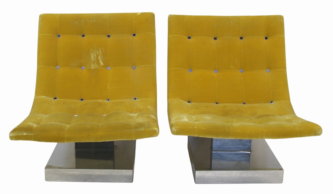 Milo Baughman / Thayer Coggin Pair Of Scoop Lounge: Chairs. MILO BAUGHMAN for THAYER COGGIN Scoop Chair. Tufted Upholstered Lounge Chair on Modernist Chrome Pedestal Base. Great original pair with yellow velvet style upholstery. Property of a Bronx, NY