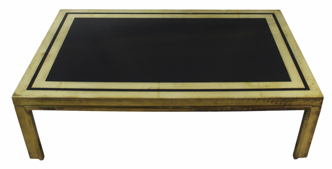 Maison Liwans, Italia Roma Brass Coffee Table: Signed on table edge. From a NYC estate. - Dimensions: 16" h x 55" w x 35" d.