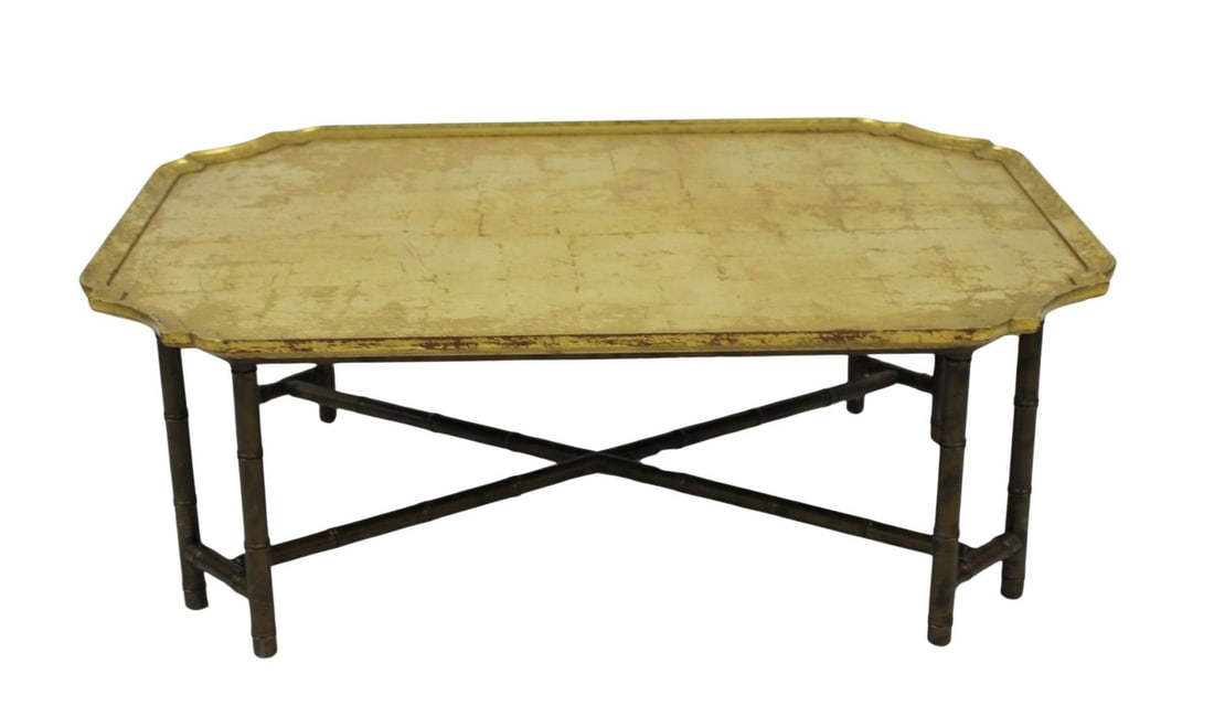 Bamboo Base & Giltwood Tray Top Table: Kittinger made. From a New Rochelle, NY estate. - Dimensions: 16" x 41" x 30"