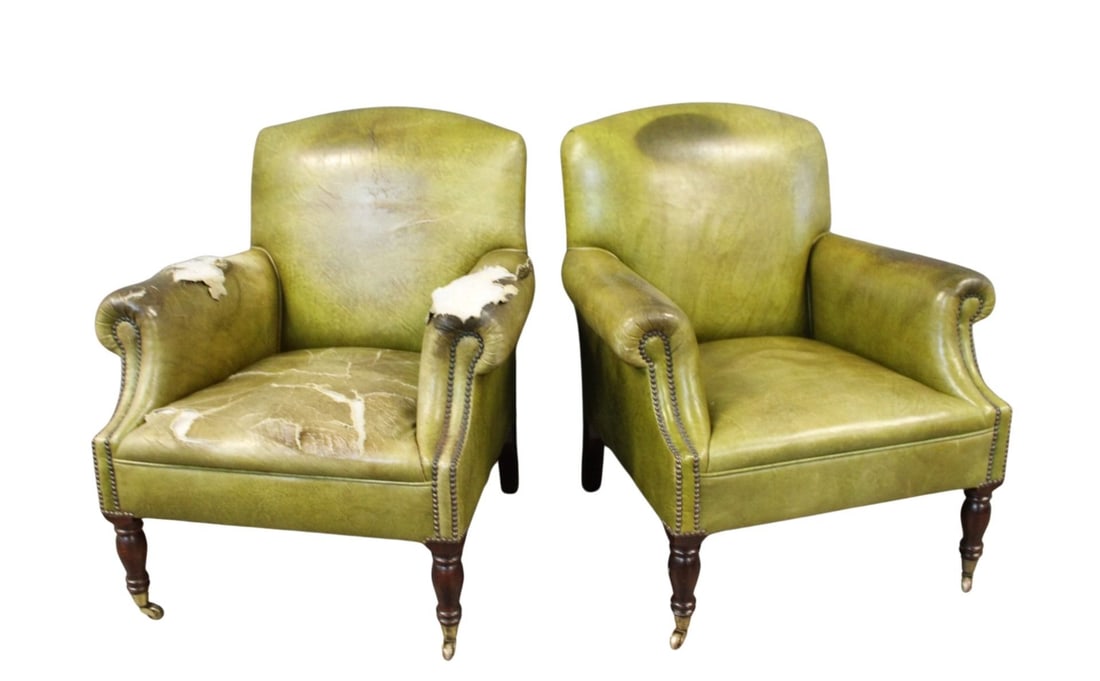 2 Signed George Smith Leather Club Chairs.: From a New Rochelle, NY estate. - Dimensions: 32" x 28" x 35"