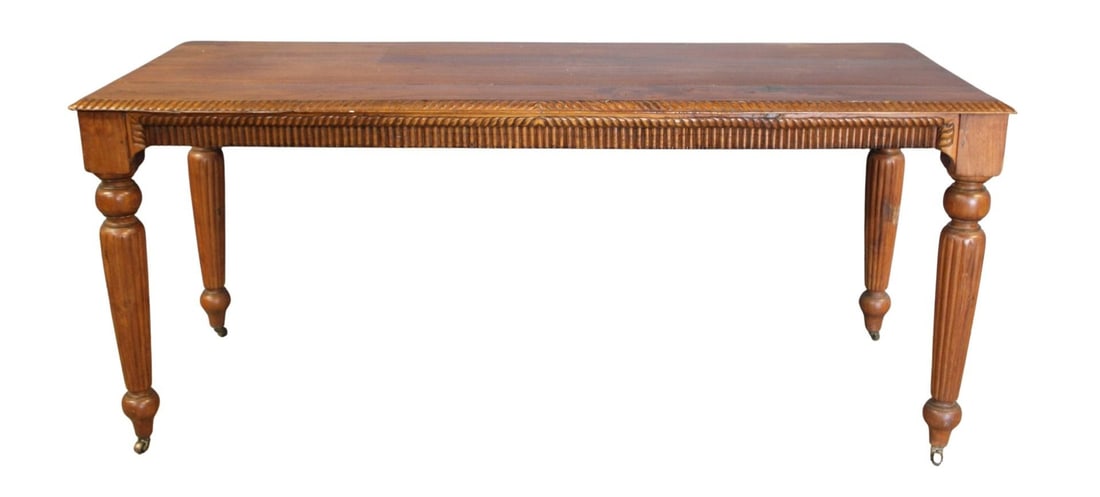 Antique English Mahogany Console Table With Fluted: Legs. From a New Rochelle, NY estate. - Dimensions: 31" h x 71" x 27"