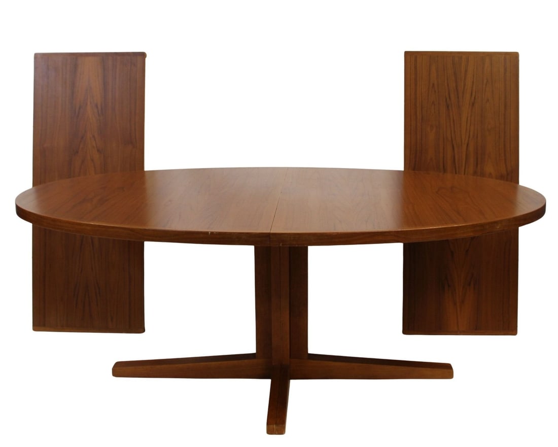 Midcentury Danish Modern Teak Table And 2 Leaves.: Signed HELTBORG MOBLER Denmark. From a Spring Valley, NY estate. - Dimensions: 28" h x 48" d x 72" w, Leaves 20".