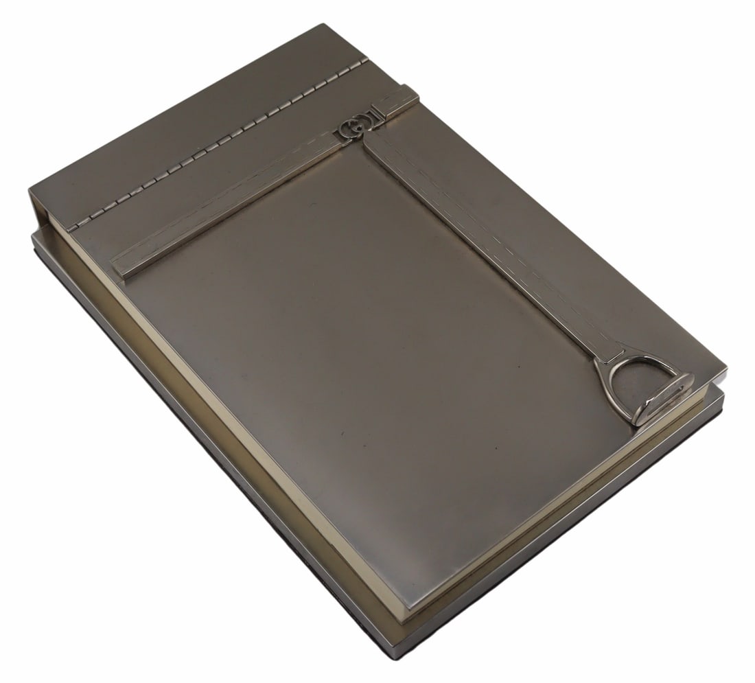 COUTURE. Gucci Italian Horsebit Notepad Holder.: Signed, "Gucci Italy". From a Stamford, CT estate. Dimensions: notepad holder measures approx. 7.75" w x 5.25" d x 1.25" h.