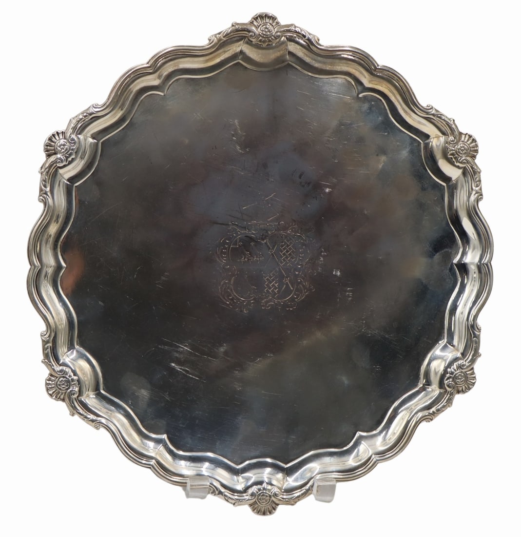 STERLING. Ex-Nelson & Nelson Georgian English: Silver Salver. Antique English Georgian silver armorial piecrust salver 1747. Ex Nelson & Nelson description stating, "George II sterling silver salver. Made by George Wickes in London in 174
