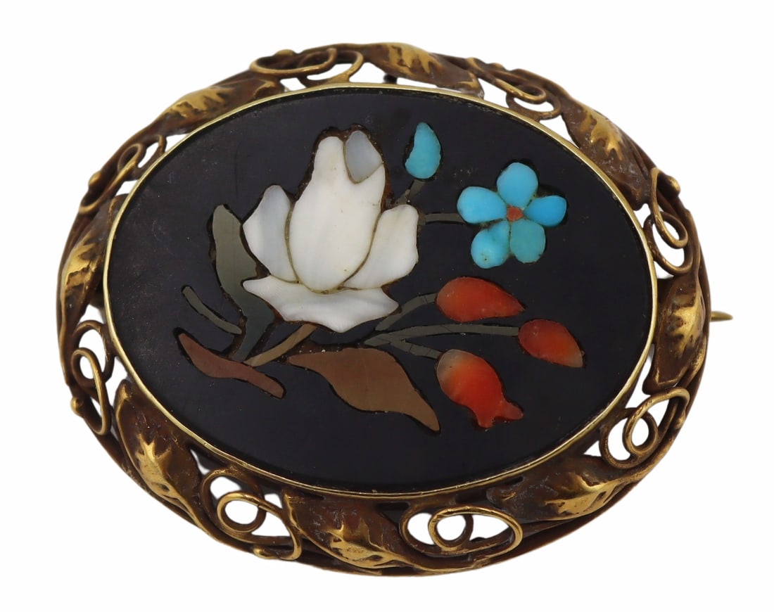JEWELRY. 14kt Gold and Pietra Dura Inlaid Brooch. (1 of 6)