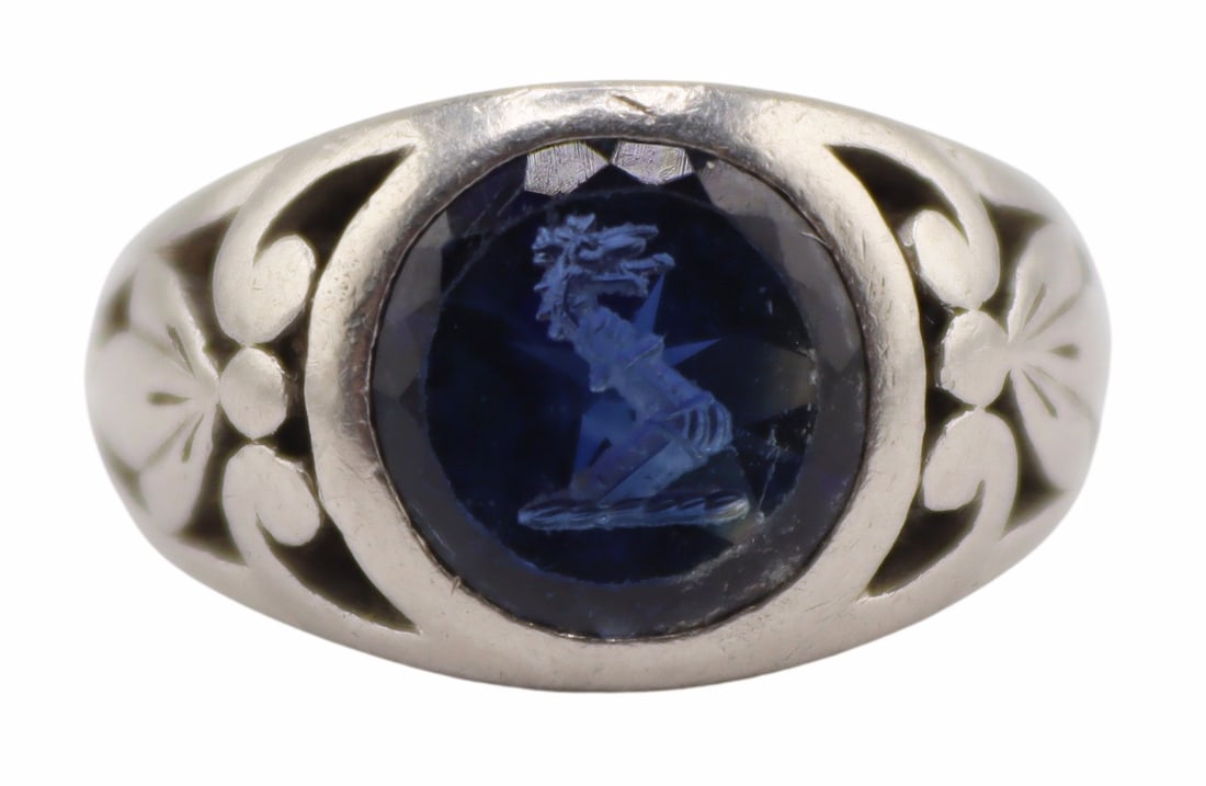 JEWELRY. Platinum and Sapphire Intaglio Ring. (1 of 10)