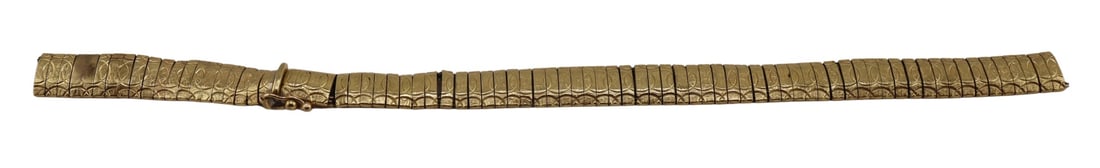 JEWELRY. Signed 14kt Gold Bracelet - Needs Repair.: Signed OG? Italian 14kt yellow gold articulated link bracelet displaying an overlapping circular pendant design. Total approx. weight of the bracelet is 10.5 dwt (gross). From a Harrison, NY estate. D