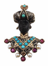 JEWELRY. G. Nardi "Moretti" Blackamoor Brooch.: Signed G. Nardi "Moretti" or Blackamoor brooch displaying a carved ebony adorned with a silver and 18kt yellow gold turban accented by turquoise beads and a crescent moon & star pendant,
