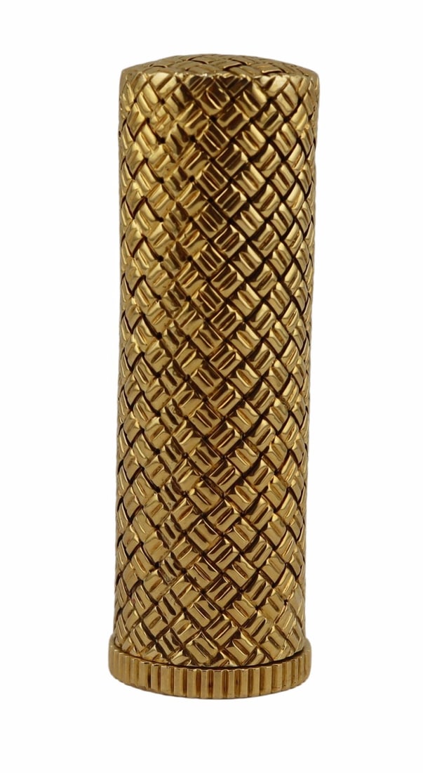 GOLD. Van Cleef & Arpels 18kt Gold Lipstick Case.: Van Cleef & Arpels 18kt yellow gold lipstick case with woven design. Stamped to the underside, "Van Cleef & Arpels NY 15 V 13 - 10 18K". Total approx. weight of the lipstick case is