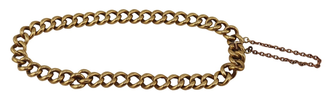 JEWELRY. 17kt Gold Chain Link Bracelet.: 17kt yellow gold chain link bracelet with safety chain. Monogram to the underside of the clasp. Total approx. weight of the bracelet is 8.4 dwt (gross). From a Harrison, NY estate. Dimensions: