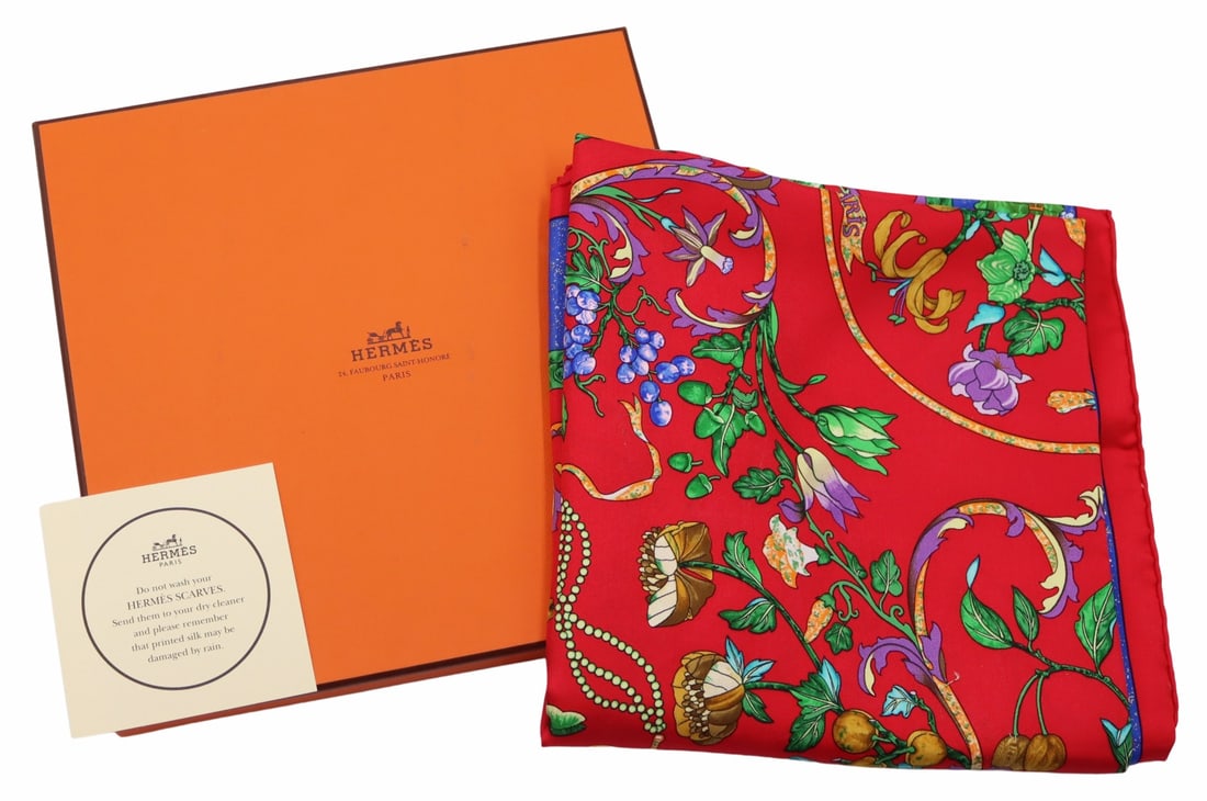 COUTURE. Hermes Pierres d'Orient et d'Occident: Silk Scarf. With lidded box. From a Manhattan, NY estate. Dimensions: scarf measures approx. 34" x 35".