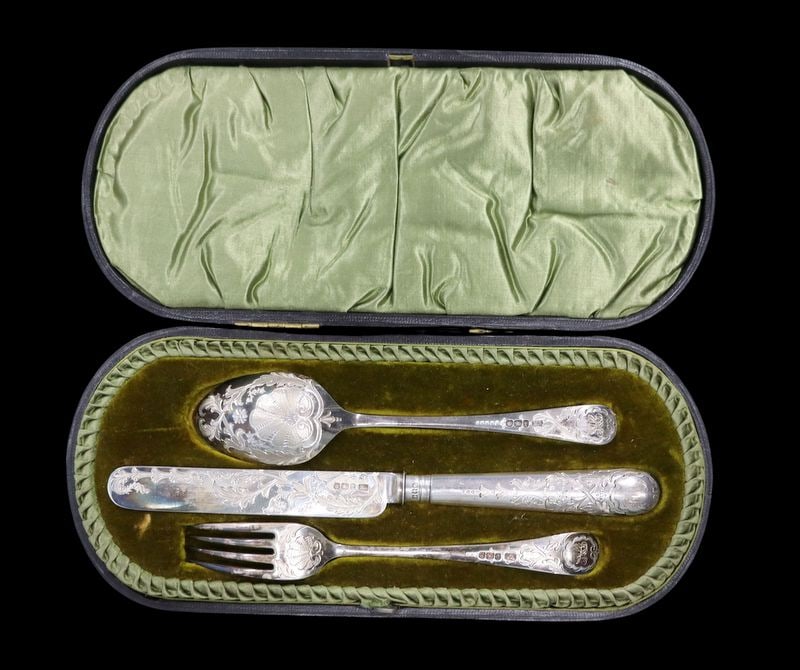 SILVER. Cased English Silver Christening Set.: A fine monogrammed cased English silver three-piece bright-cut christening set, comprising a fork, spoon, and a hollow handle knife with a sterling blade. Each fully hallmarked with a city mark of