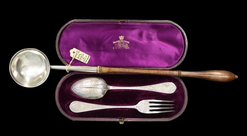 SILVER. English Silver Christening Set and Ladle.: A married English silver two-piece christening set, comprising a fork and spoon. Each fully hallmarked with a city mark of London, maker’s mark of either Chawner & Co (George William Adams)