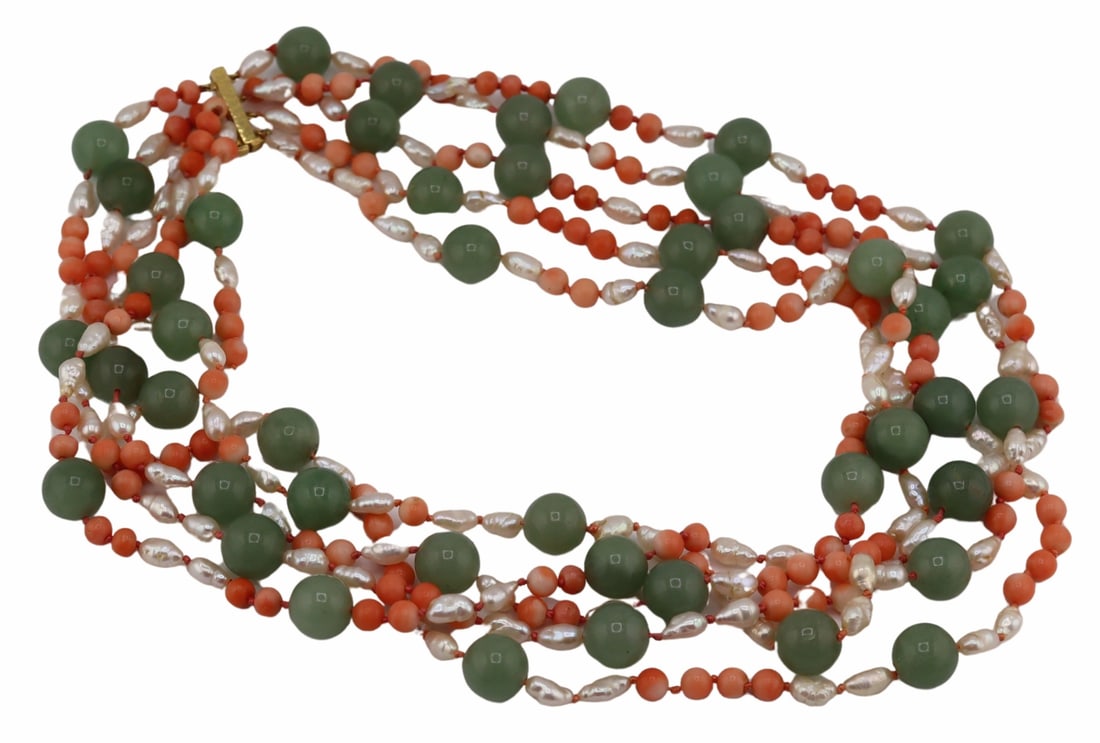 JEWELRY. David Webb 18kt Gold Multi-Strand: Necklace. David Webb multi-strand necklace displaying individually knotted keshi pearls, salmon coral beads, and round jade beads with 18kt yellow gold clasp. Clasp is stamped, "WEBB 18K". T