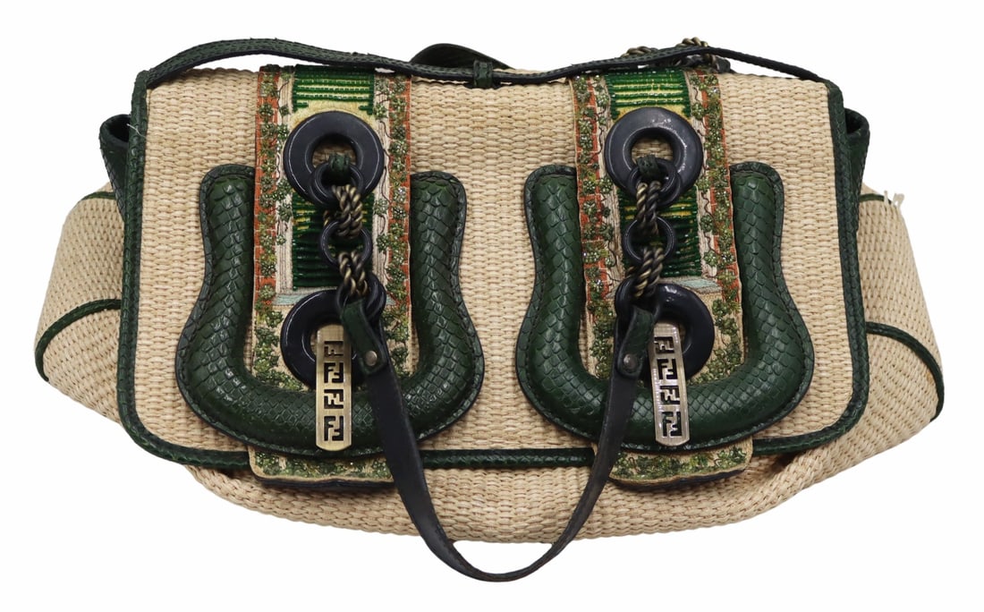 COUTURE. FENDI 'B Bag' Straw and Python Purse.: Fendi 'B Bag' comprised of straw with Designed by Silvia Venturini Fendi and debuted in 2006. From a New Rochelle, NY estate. Dimensions: purse measures approx. ; purse strap drop measures approx.