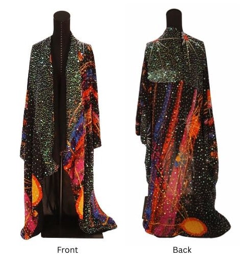 COUTURE. Stephen Burrows World Celestial Robe: or Kimono. Stephen Burrows World multi-color celestial themed robe accented by sequins. Interior Stephen Burrows World Celestial robe. From an E 96th St, Manhattan estate.