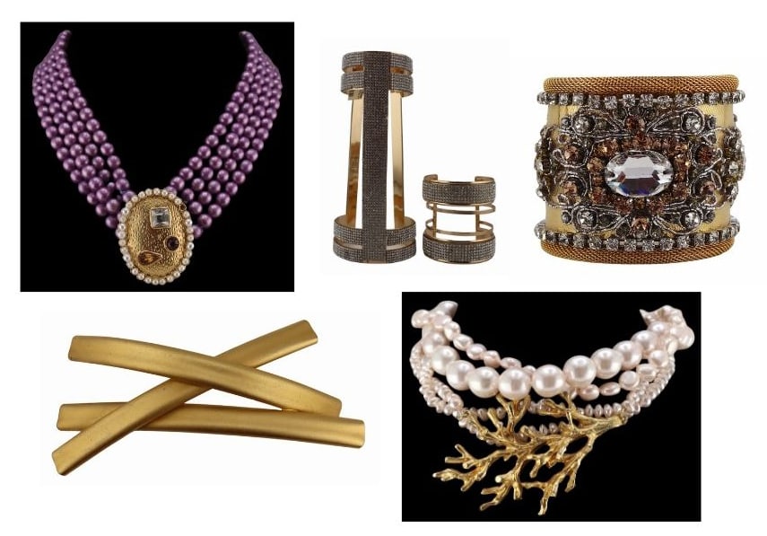 JEWELRY. Collection of Statement Costume Jewelry.: Includes (2) attributed to Versace Ugo Correani gold-tone arm cuff bracelets accented by clear/white round faceted rhinestones - unmarked, accompanied by a 3/16/2021 receipt; an Ugo Correani