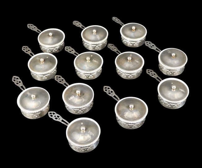 STERLING. (12) Sterling Pot de Creme with Liners.: (12) monogrammed Reed & Barton pot de creme with liners. Stamped, "Sterling". Total approx. weight of all items is 28.18 troy oz (gross) excluding liners. Property of a Manhattan, NYC