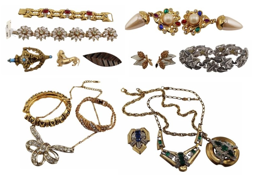 JEWELRY. Collection of Signed Costume Jewelry.: Includes a pair of Barrera gold-tone drop form ear clips with multi-color gem cabochons, white/clear rhinestones, and faux pearls - signed the backings; a Marboux gold-tone leaf form brooch; a signed