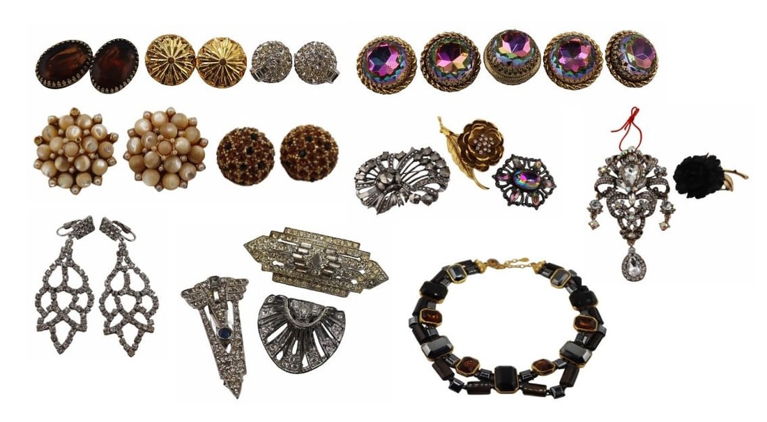 JEWELRY. Collection of Vintage Costume Jewelry.: Includes an Eisenberg Original silver-tone brooch; a pair of Boucher silver-tone globe form earrings accented by clear/white rhinestones; a large gold-tone floral brooch with round and baguette