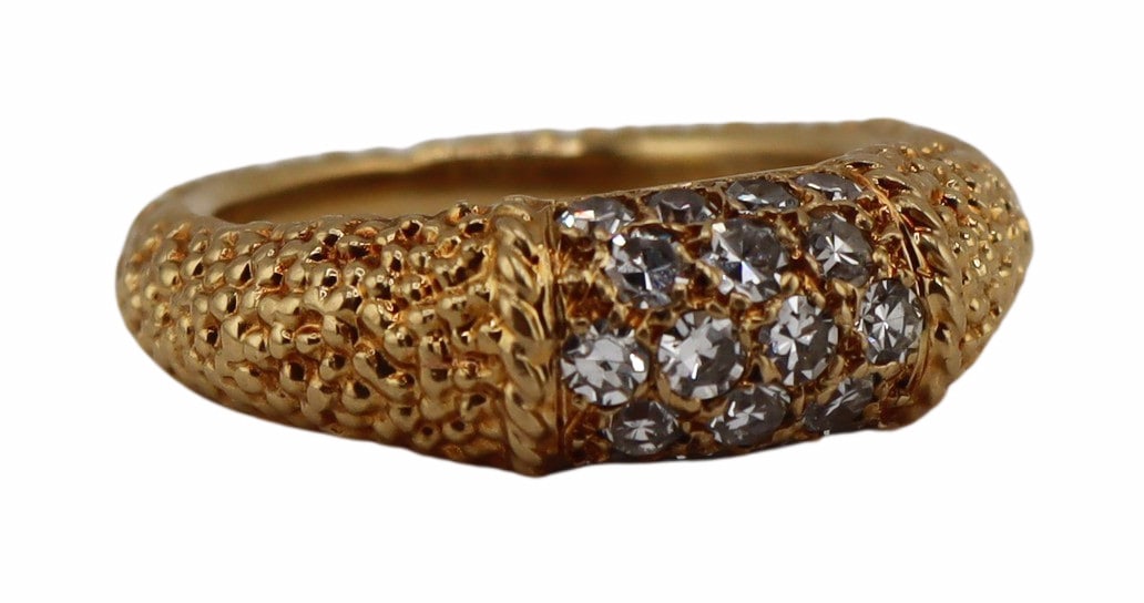 JEWELRY. Péry et Cie French 18kt Gold and Diamond: Ring. Signed Péry et Cie French 18kt yellow gold tapered band ring displaying (18) single cut diamond accents. Stamped, "P&Fils" with French domestic hallmarks of an eagle's head