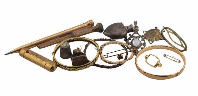 JEWELRY. Assorted Gold and Costume Jewelry.: Including an engraved damaged 14kt yellow gold bangle - stamped, "14K"; a damaged 14kt yellow gold pin - stamped, "14K"; and an unmarked 14kt yellow gold partial watch case.