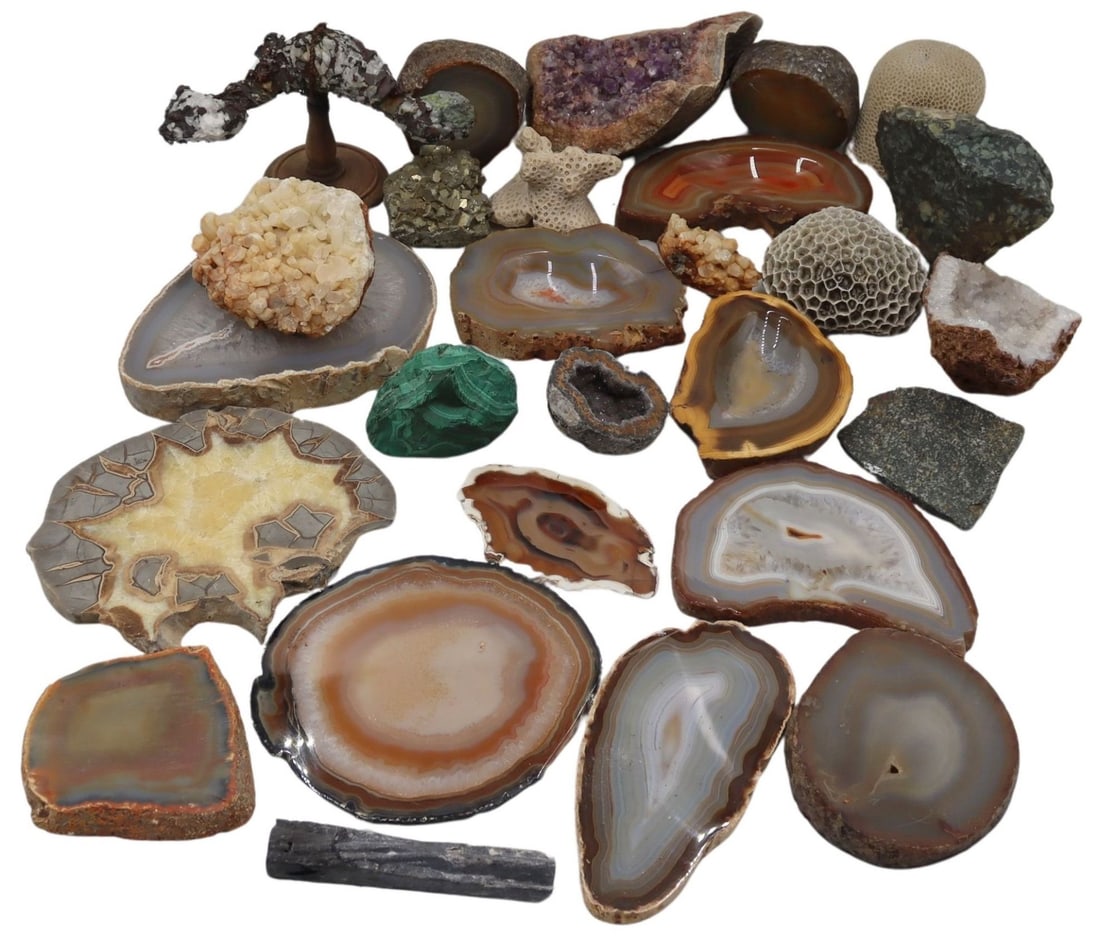 Collection of Gem Specimens and Geodes.: From a Stonington, CT estate. Dimensions: specimen on wood stand measures approx. 7.75" w x 5.5" h.