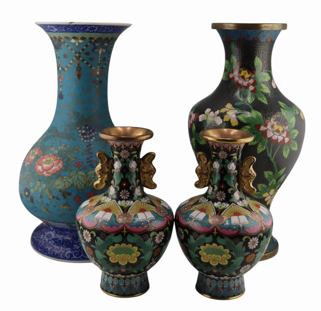Collection of Asian Cloisonne and Porcelain.: Includes a pair of Chinese cloisonne vases with bat form gilt handles; a tall cloisonne floral vase; and a Japanese Totai Shippo enamel decorated vase - signed to the underside. From an E 85th St NYC