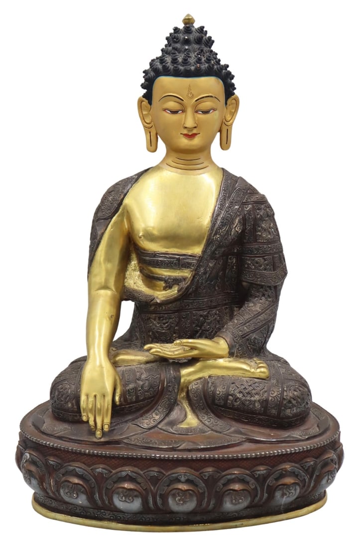 Tibetan Gilt and Paint Decorated Shakyamuni Buddha: On lotus base. From a Gaylordsville, CT estate. Dimensions: 15" h.