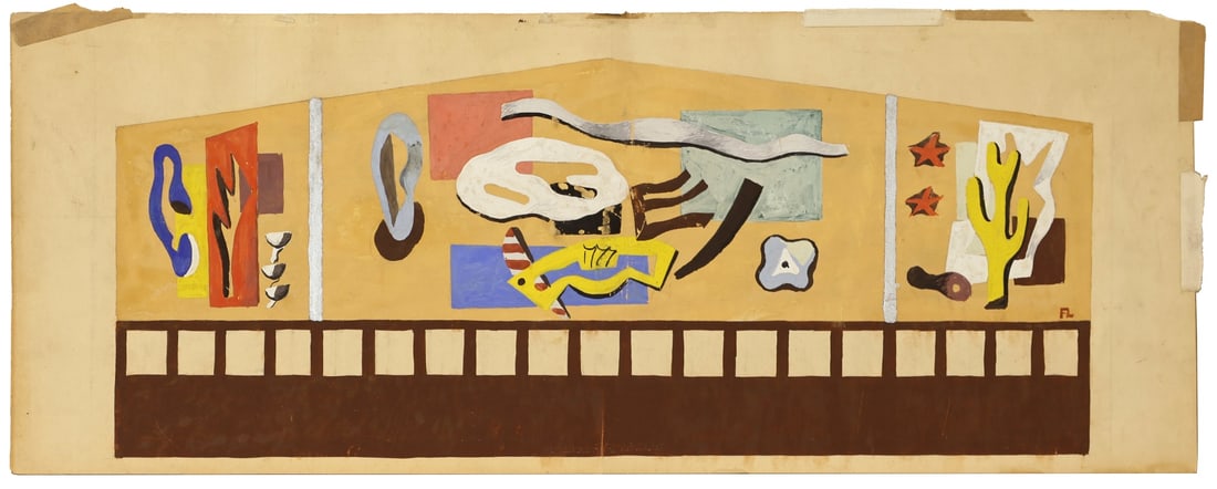 FERNAND LEGER (ATTRIB.) (FRENCH, 1881- 1955).: 'Study for a Mural: Pier 57, French Line'. Gouache and silver metallic paint on paper. Signed lower right. Verso: Artist and subject in pencil. Property of a Manhattan, NYC collection. Dimensions: 7.6