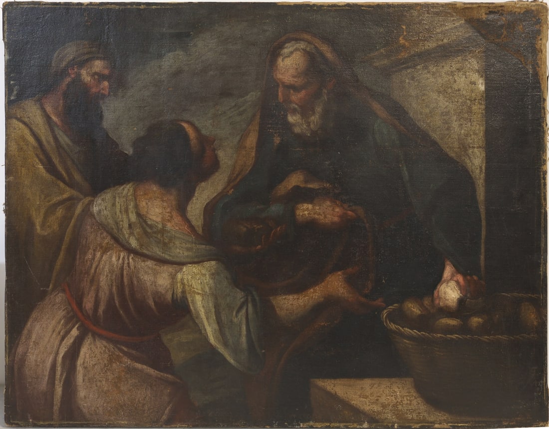 ITALIAN SCHOOL (17TH CENTURY).: 'Elijah and the Widow at Zarephath'. Oil on canvas. Property of a Manhattan, NYC collection. Dimensions: 33" h x 42" w. (unframed).