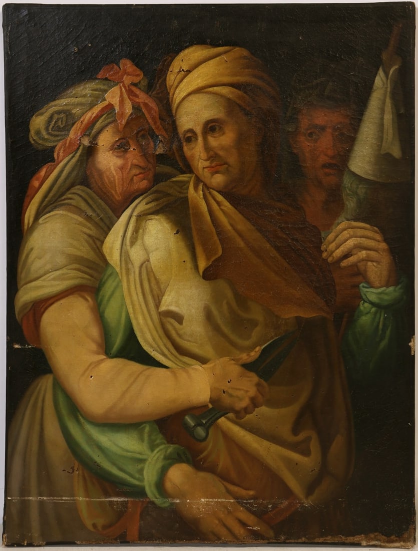 MANNER OF FRANCESCO SALVIATI.: 'The Three Fates'. Oil on canvas. Note: This work is based upon the original by Salviati in the Palazzo Pitti, Florence. Property of a Manhattan, NYC collection. Dimensions: 32" h x 24": w.