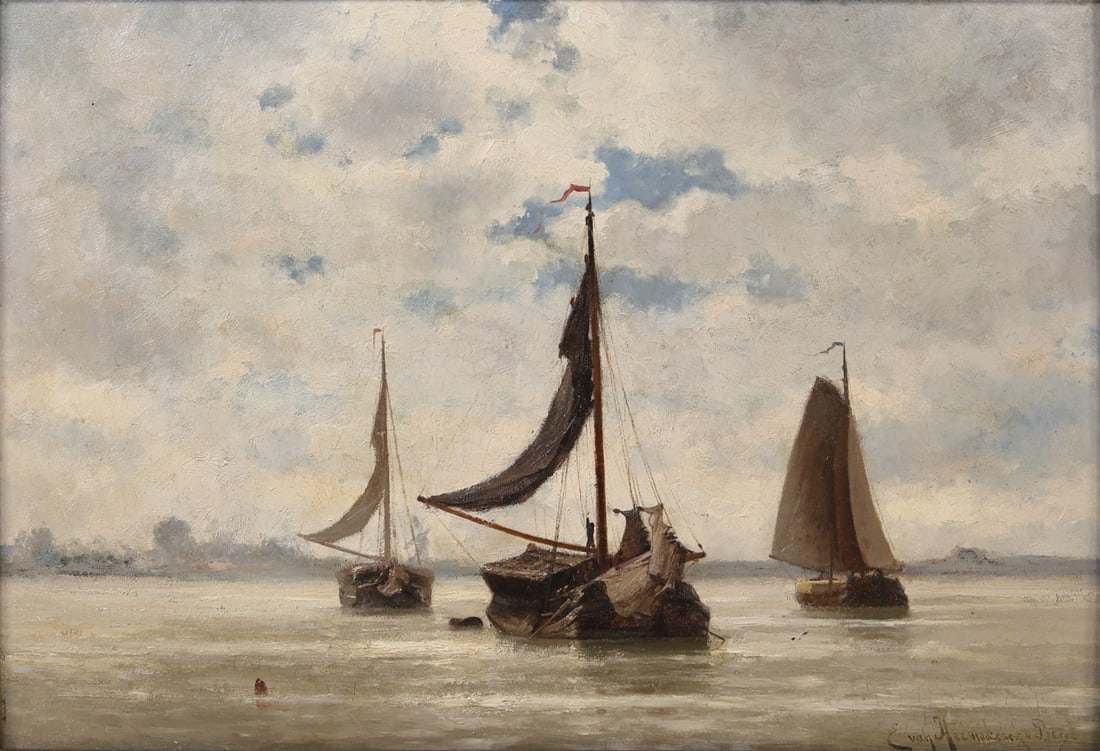 J. E. VAN HEEMSKERCK VAN BEEST (DUTCH, 1828-1894).: 'Dutch Skutsje off the Coast'. Oil on panel. Signed lower right. Provenance: Henry Schultheis Company, NYC. Property of a New Rochelle, NY collection. Dimensions: 15.50" h x 19.75" w. Frame:
