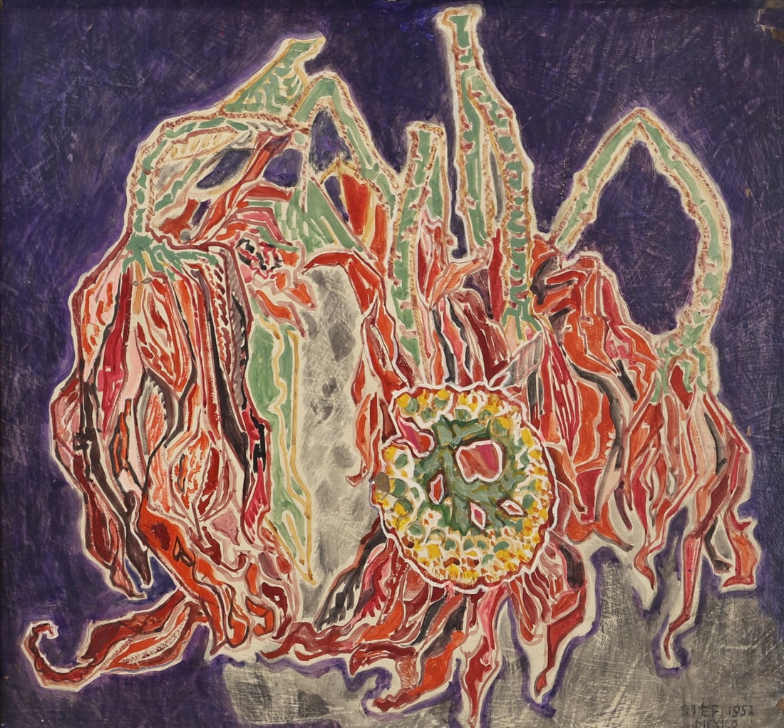 STEFAN HIRSCH (ATTRIB.) (AMERICAN, 1899-1964).: 'Poinsettia in Mexico'. 1952. Mixed media on paper laid to masonite. Signed and dated lower right. Property of a Manhattan, NYC collection. Dimensions: 15.75" h x 16.75" w. Frame: 19.25"