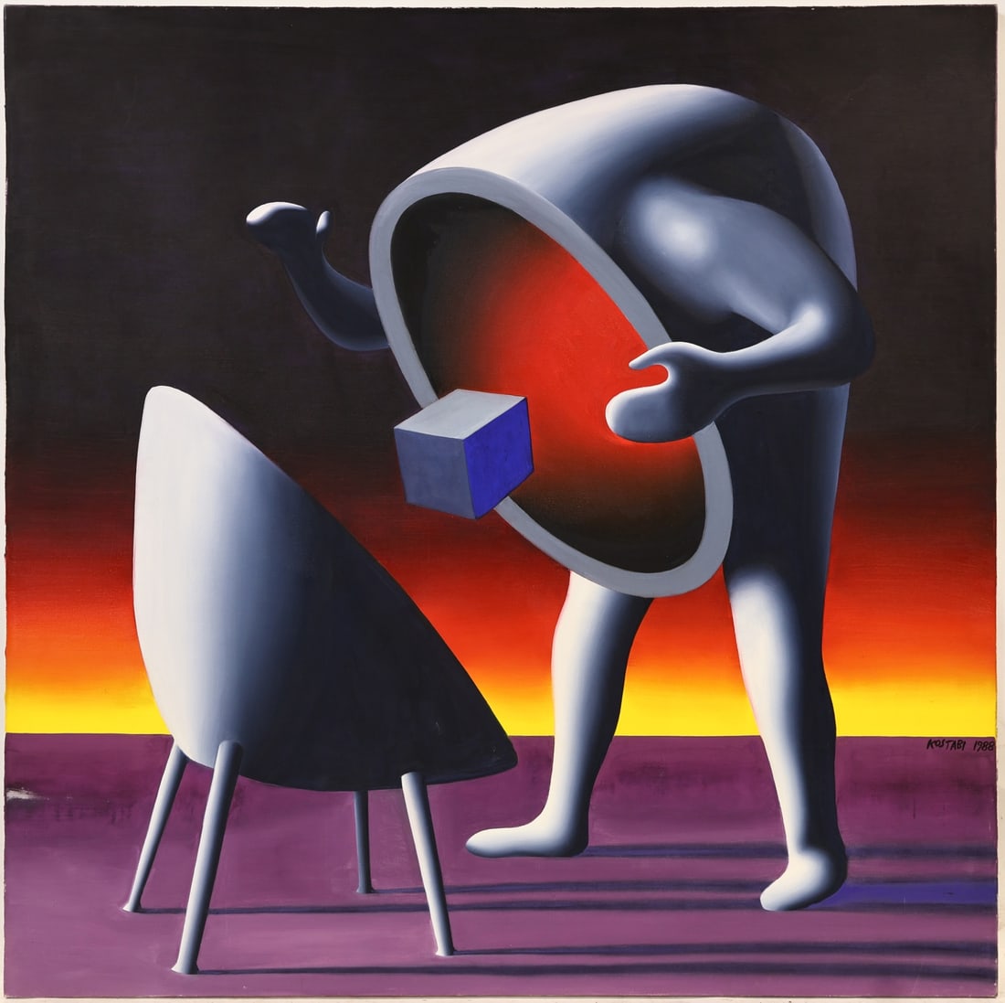MARK KOSTABI (AMERICAN, B. 1960).: 'A Brief History of Luxury'. 1988. Oil on canvas. Signed and dated lower right. Verso: Titled, dated, and signed. Accompanied by Signed copy of 'Sadness Because the Video Rental Store Was Closed'. Pro